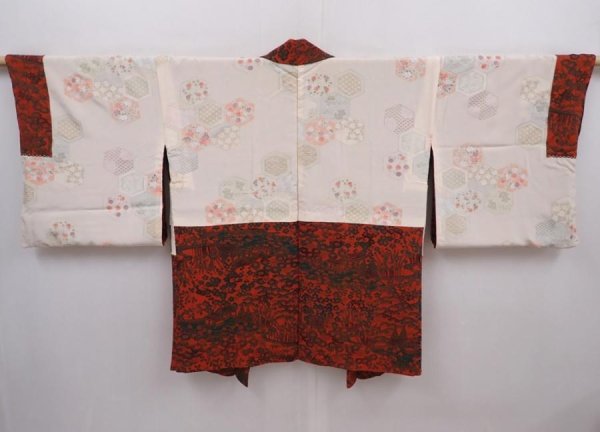 Photo6: 6216T12z640 Vintage Japanese Kimono Silk HAORI Flowers Orange-Red (6)