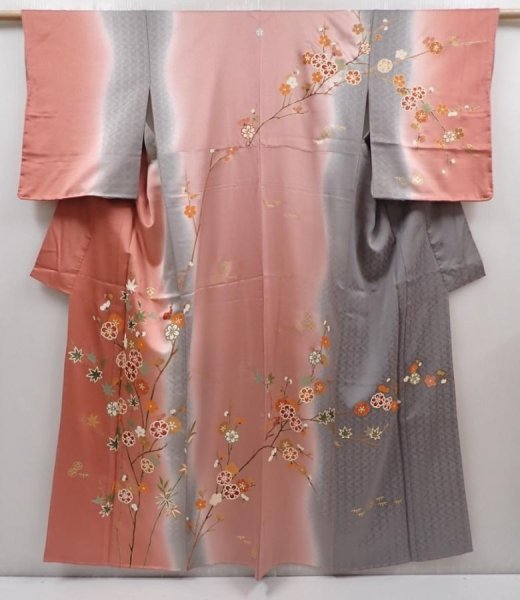 Photo1: 6216T13z1030  Japanese Kimono Silk TSUKESAGE Plum blossom Coral pink (1)