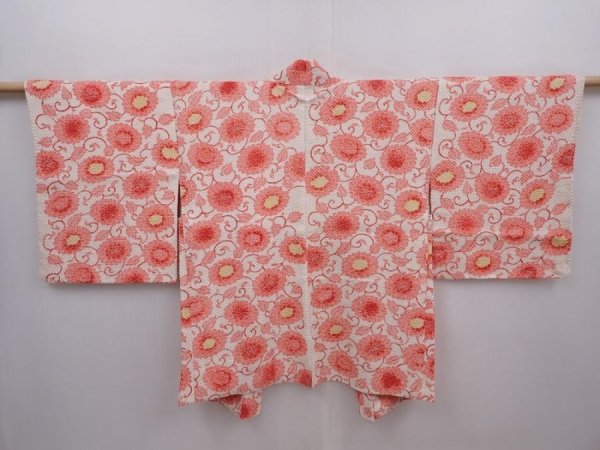 Photo1: 6218T02z610 Vintage Japanese Kimono Silk SHIBORI HAORI Flower Off-white (1)