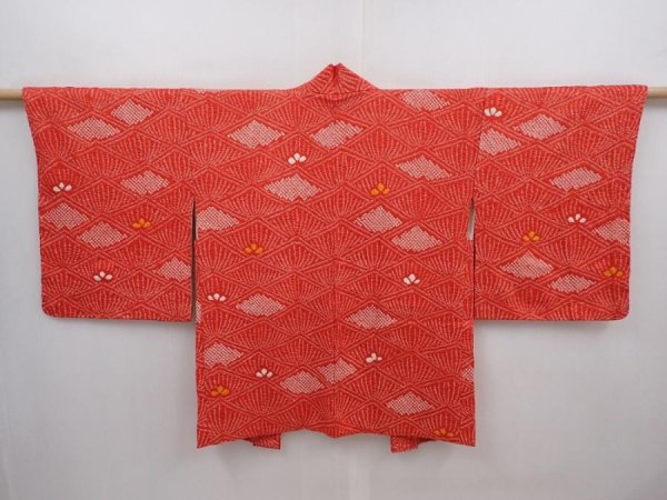 Photo1: 6218T07z490 Vintage Japanese Kimono Silk SHIBORI HAORI  Red (1)