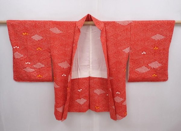 Photo5: 6218T07z490 Vintage Japanese Kimono Silk SHIBORI HAORI  Red (5)