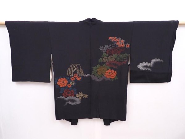Photo1: 6218T08z380 Vintage Japanese Kimono Silk HAORI Peony Black (1)