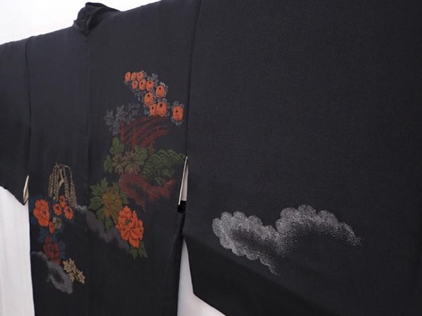 Photo2: 6218T08z380 Vintage Japanese Kimono Silk HAORI Peony Black (2)