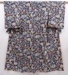 Photo1: 6218T09z650 Vintage Japanese Kimono Silk MEISEN KOMON Flowers Dark gray (1)