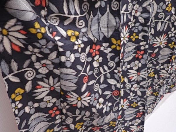 Photo3: 6218T09z650 Vintage Japanese Kimono Silk MEISEN KOMON Flowers Dark gray (3)