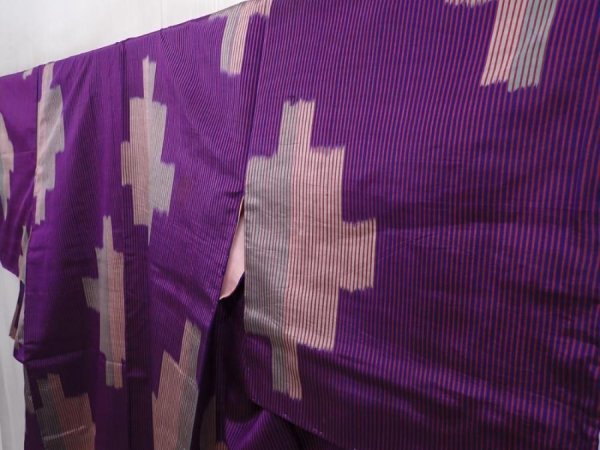 Photo2: 6218T10z430 Antique Japanese Kimono Silk MEISEN KOMON  Purple (2)