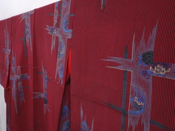 Photo2: 6218T12z690 Antique Japanese Kimono Silk KOMON  Wine red (2)