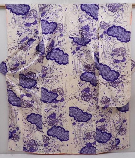 Photo1: 6218T13z1210 Vintage Japanese Kimono Silk FURISODE Flower cart Off-white (1)