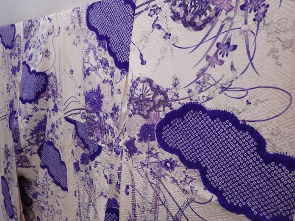 Photo2: 6218T13z1210 Vintage Japanese Kimono Silk FURISODE Flower cart Off-white (2)