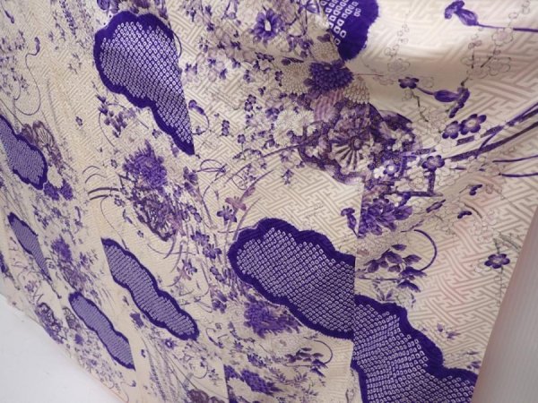 Photo4: 6218T13z1210 Vintage Japanese Kimono Silk FURISODE Flower cart Off-white (4)