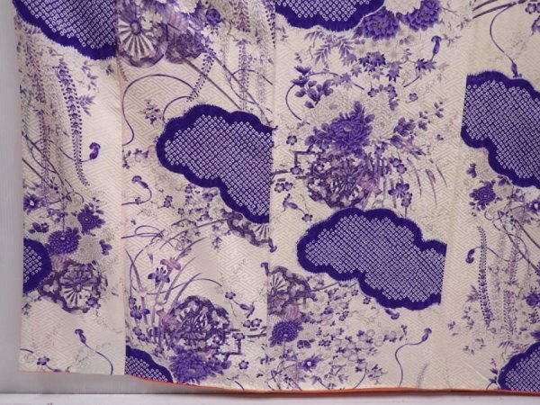 Photo6: 6218T13z1210 Vintage Japanese Kimono Silk FURISODE Flower cart Off-white (6)