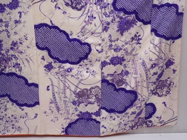 Photo7: 6218T13z1210 Vintage Japanese Kimono Silk FURISODE Flower cart Off-white (7)