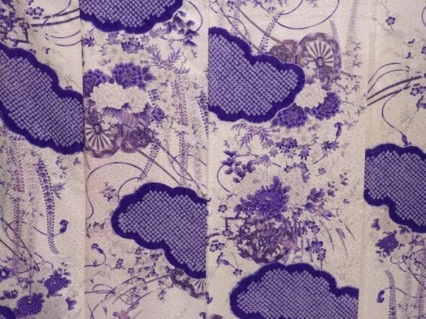 Photo8: 6218T13z1210 Vintage Japanese Kimono Silk FURISODE Flower cart Off-white (8)