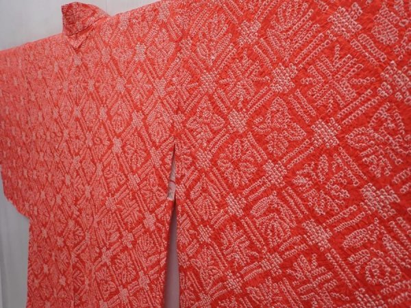 Photo2: 6219T09z440 Vintage Japanese Kimono Silk SHIBORI HAORI  Tomato red (2)