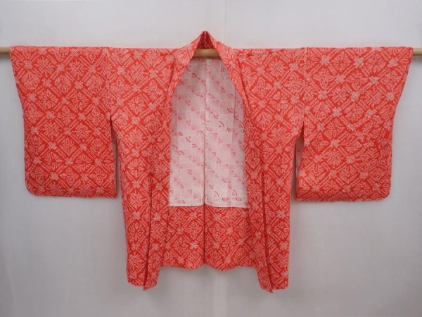 Photo5: 6219T09z440 Vintage Japanese Kimono Silk SHIBORI HAORI  Tomato red (5)