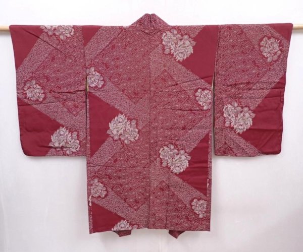 Photo1: 6219T02z730 Vintage Japanese Kimono Blend silk HAORI Peony Wine red (1)