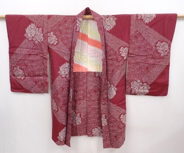Photo6: 6219T02z730 Vintage Japanese Kimono Blend silk HAORI Peony Wine red (6)