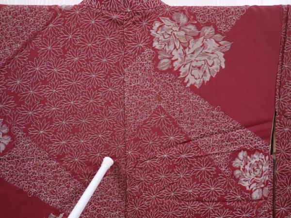 Photo7: 6219T02z730 Vintage Japanese Kimono Blend silk HAORI Peony Wine red (7)