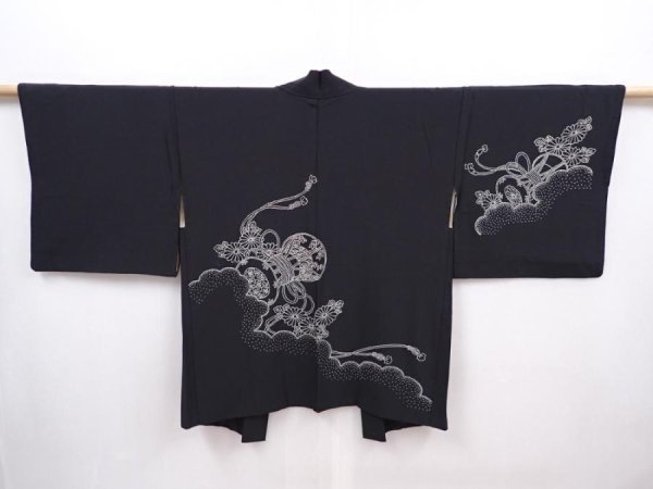 Photo1: 6219T06z570 Vintage Japanese Kimono Silk HAORI Hand drum Black (1)