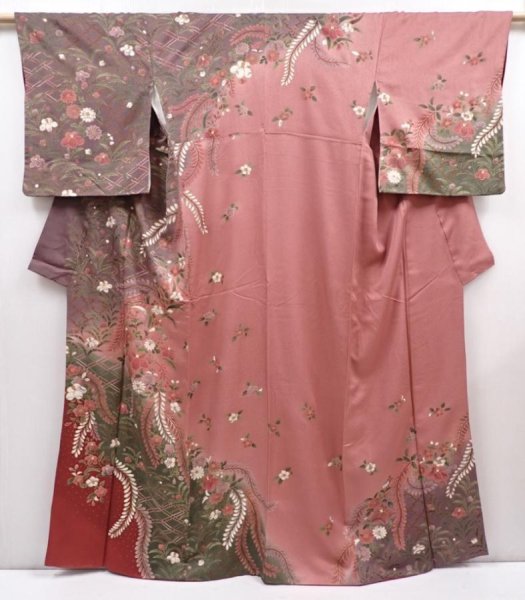 Photo1: 6219T11z1010  Japanese Kimono Silk TSUKESAGE Flowers Dark pink (1)