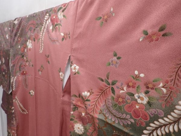 Photo2: 6219T11z1010  Japanese Kimono Silk TSUKESAGE Flowers Dark pink (2)
