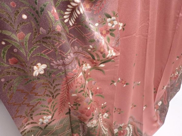 Photo3: 6219T11z1010  Japanese Kimono Silk TSUKESAGE Flowers Dark pink (3)