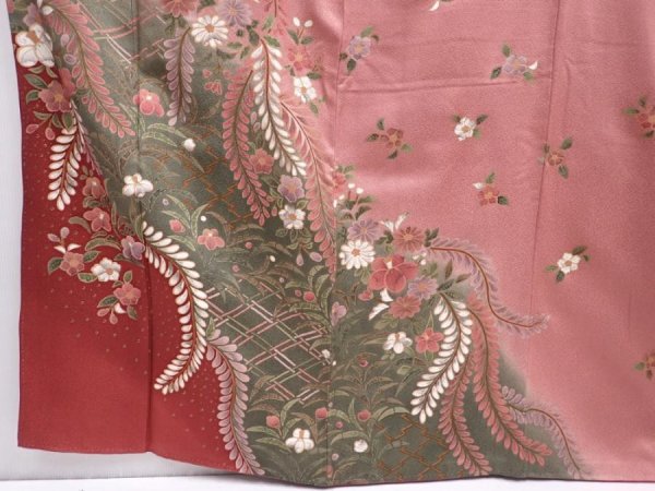 Photo6: 6219T11z1010  Japanese Kimono Silk TSUKESAGE Flowers Dark pink (6)