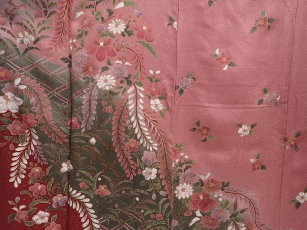Photo8: 6219T11z1010  Japanese Kimono Silk TSUKESAGE Flowers Dark pink (8)