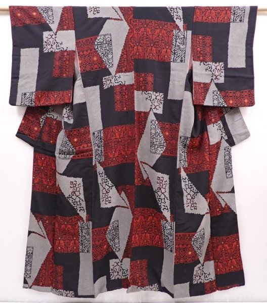 Photo1: 6219T12z1010 Vintage Japanese Kimono Silk KOMON  Black Dark red (1)