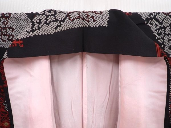 Photo8: 6219T12z1010 Vintage Japanese Kimono Silk KOMON  Black Dark red (8)