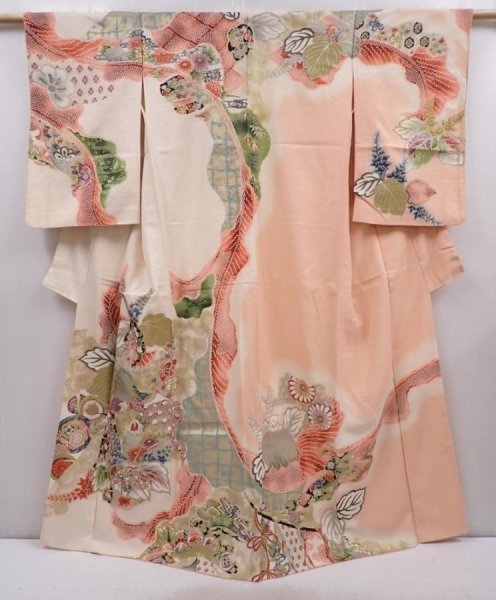 Photo1: 6219T14z860 Vintage Japanese Kimono Silk TSUKESAGE Paulownia Peach (1)