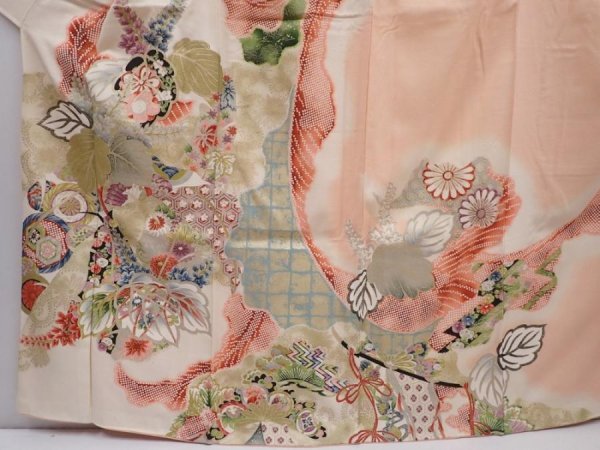 Photo5: 6219T14z860 Vintage Japanese Kimono Silk TSUKESAGE Paulownia Peach (5)