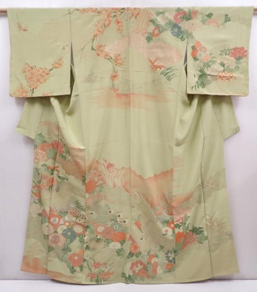 Photo1: 6219T15z800 Vintage Japanese Kimono Silk TSUKESAGE Peacock Light green (1)