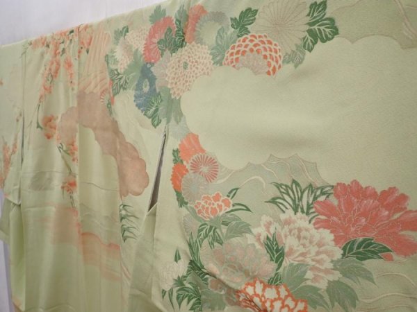 Photo2: 6219T15z800 Vintage Japanese Kimono Silk TSUKESAGE Peacock Light green (2)
