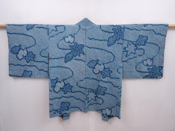 Photo1: 6224T02z430 Vintage Japanese Kimono Silk SHIBORI HAORI Maple Saxeblue (1)