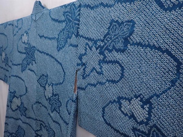 Photo2: 6224T02z430 Vintage Japanese Kimono Silk SHIBORI HAORI Maple Saxeblue (2)