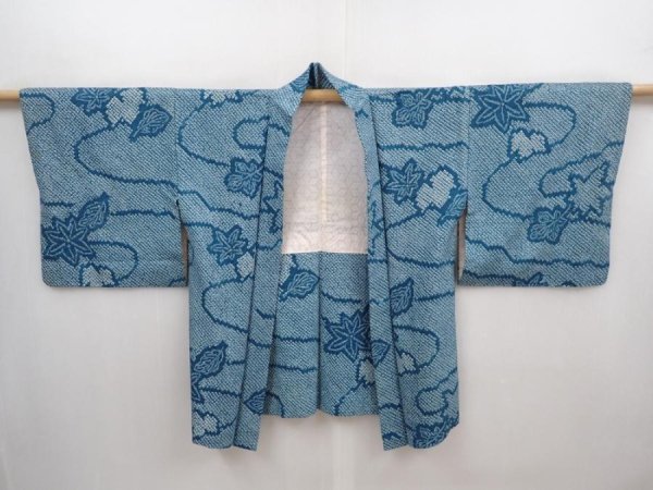 Photo7: 6224T02z430 Vintage Japanese Kimono Silk SHIBORI HAORI Maple Saxeblue (7)