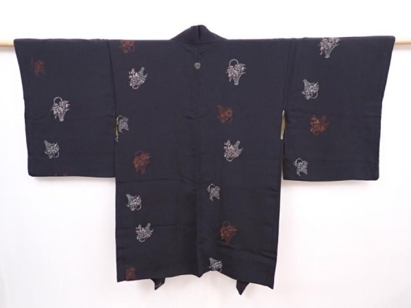 Photo1: 6224T04z600 Vintage Japanese Kimono Silk HAORI Flowers Black (1)