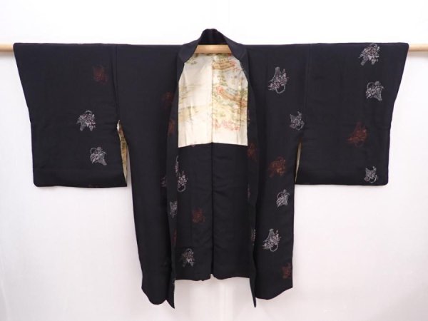 Photo6: 6224T04z600 Vintage Japanese Kimono Silk HAORI Flowers Black (6)