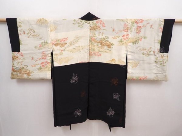Photo7: 6224T04z600 Vintage Japanese Kimono Silk HAORI Flowers Black (7)