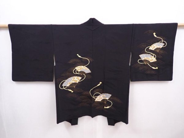 Photo1: 6224T07z620 Vintage Japanese Kimono Silk HAORI Folding fan Black (1)
