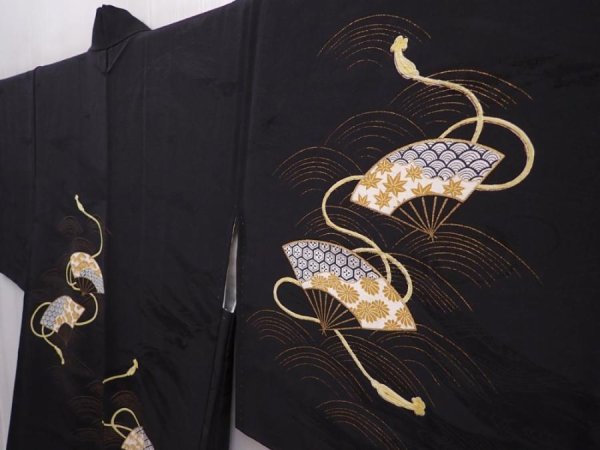 Photo2: 6224T07z620 Vintage Japanese Kimono Silk HAORI Folding fan Black (2)