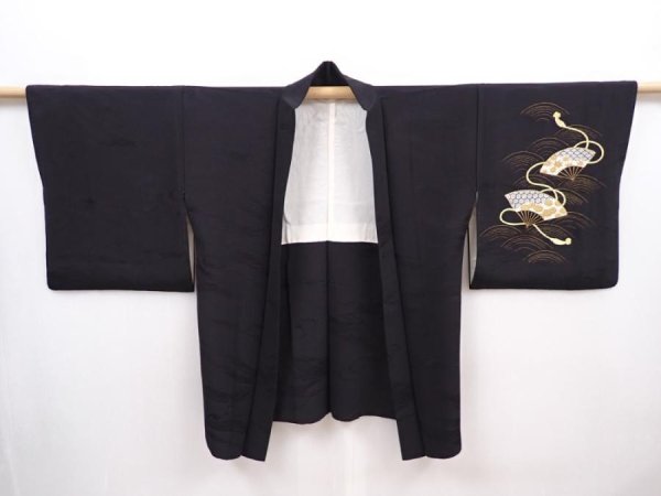 Photo5: 6224T07z620 Vintage Japanese Kimono Silk HAORI Folding fan Black (5)