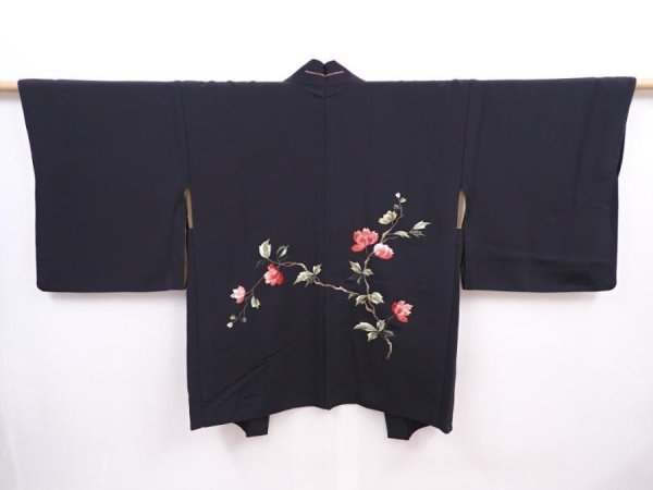Photo1: 6224T09z570 Vintage Japanese Kimono Silk HAORI Sakura Black (1)