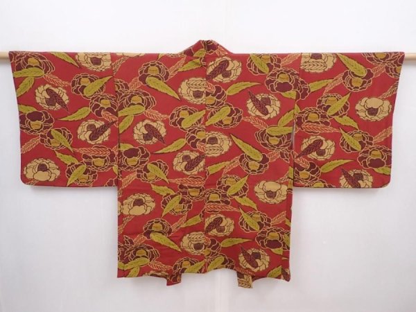 Photo1: 6224T10z520 Vintage Japanese Kimono Silk HAORI Camellia Red-Brown (1)