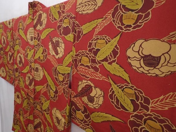 Photo2: 6224T10z520 Vintage Japanese Kimono Silk HAORI Camellia Red-Brown (2)