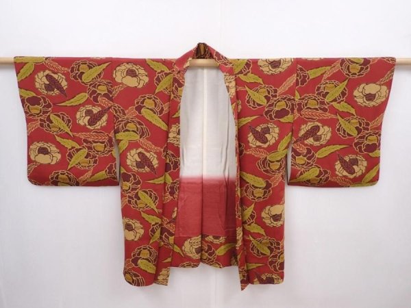 Photo5: 6224T10z520 Vintage Japanese Kimono Silk HAORI Camellia Red-Brown (5)