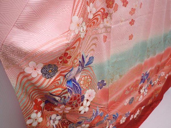 Photo3: 6224T13z1140  Japanese Kimono Silk FURISODE Mandarin duck Dark red (3)