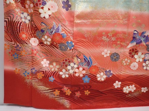 Photo6: 6224T13z1140  Japanese Kimono Silk FURISODE Mandarin duck Dark red (6)