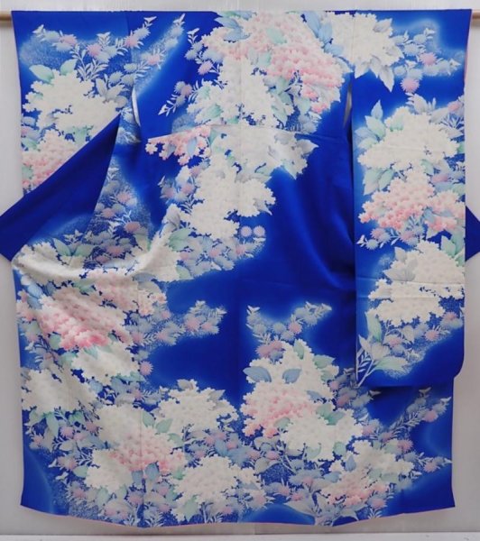 Photo1: 6224T14z1070  Japanese Kimono Silk FURISODE Flowers Oriental blue (1)